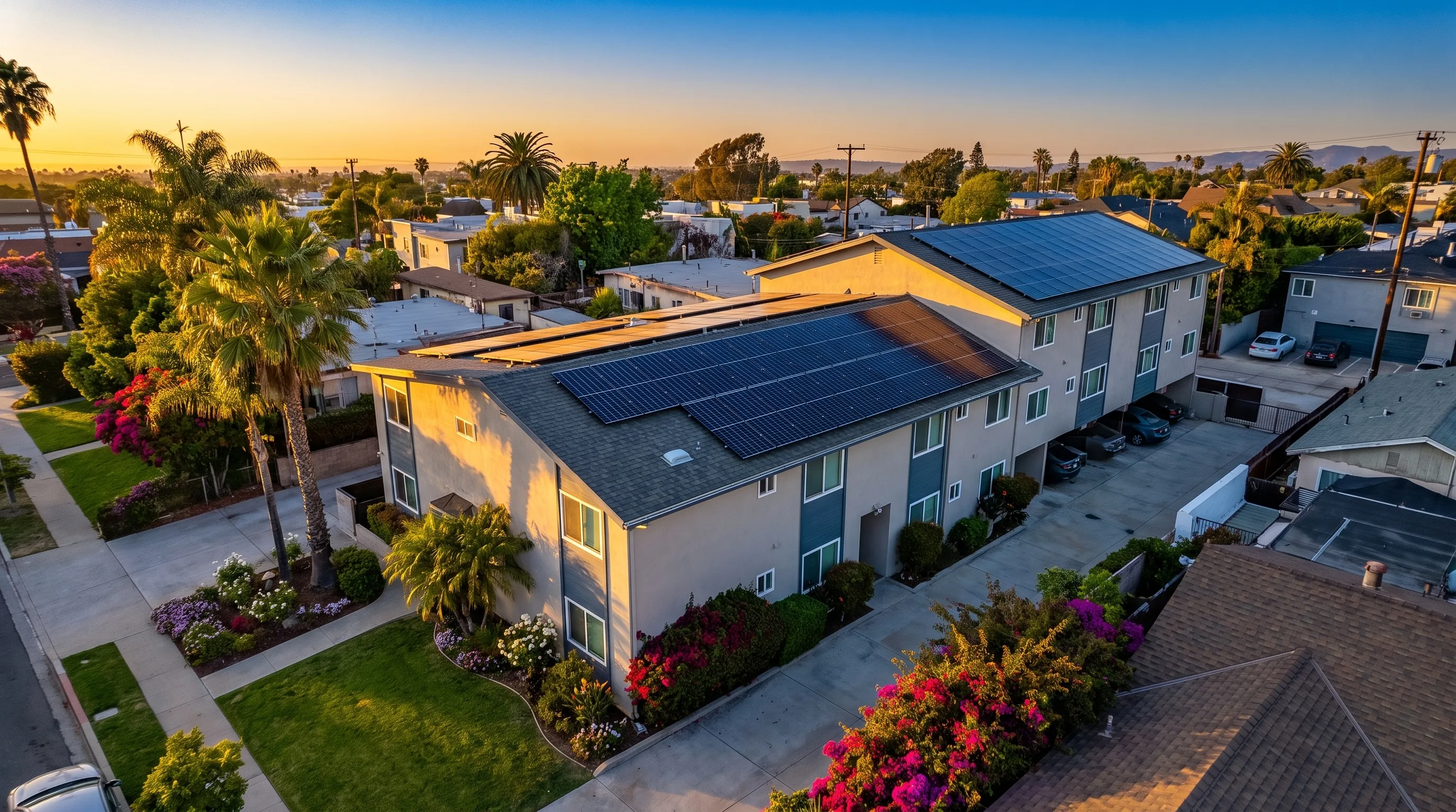 Aerial view of an apartment building with rooftop solar panels