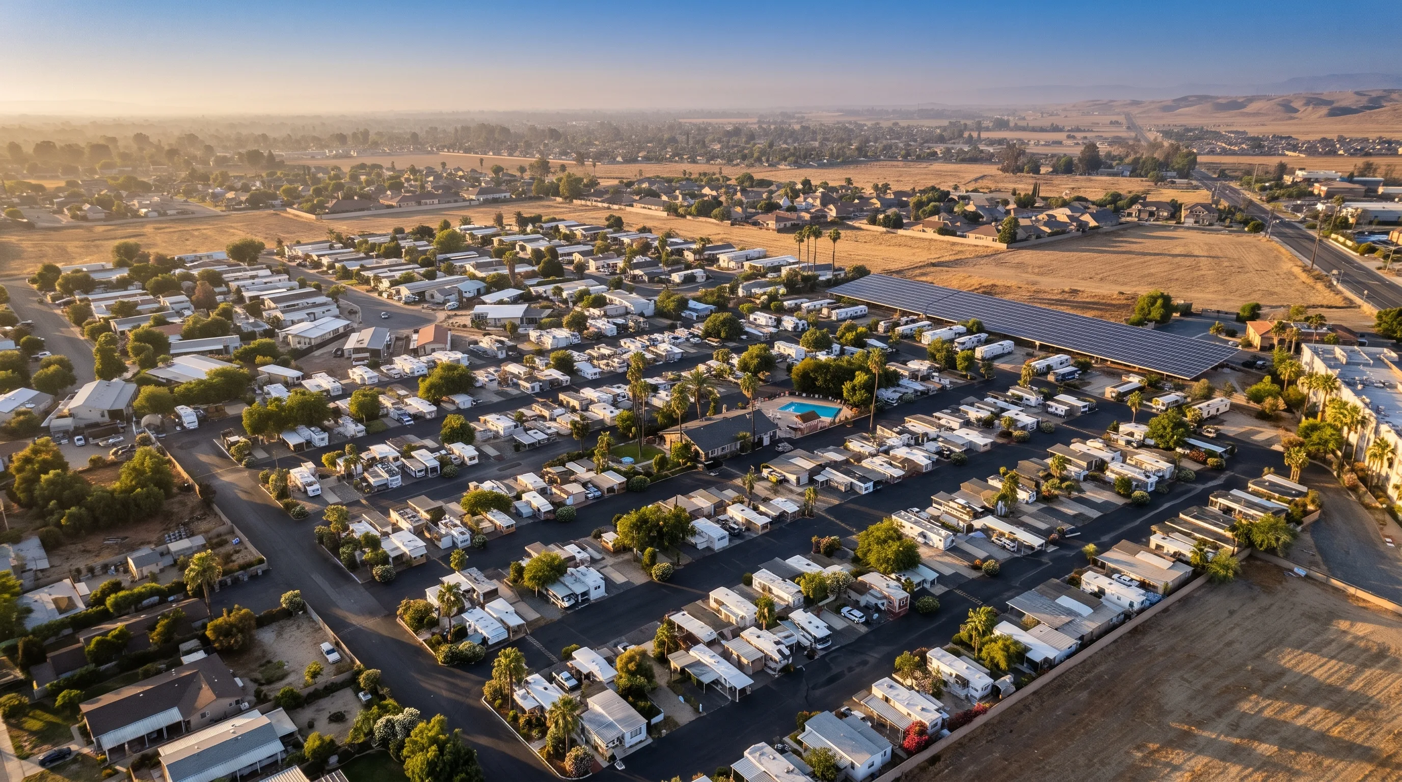Aerial view of a manufactured home and RV community with a solar carport
