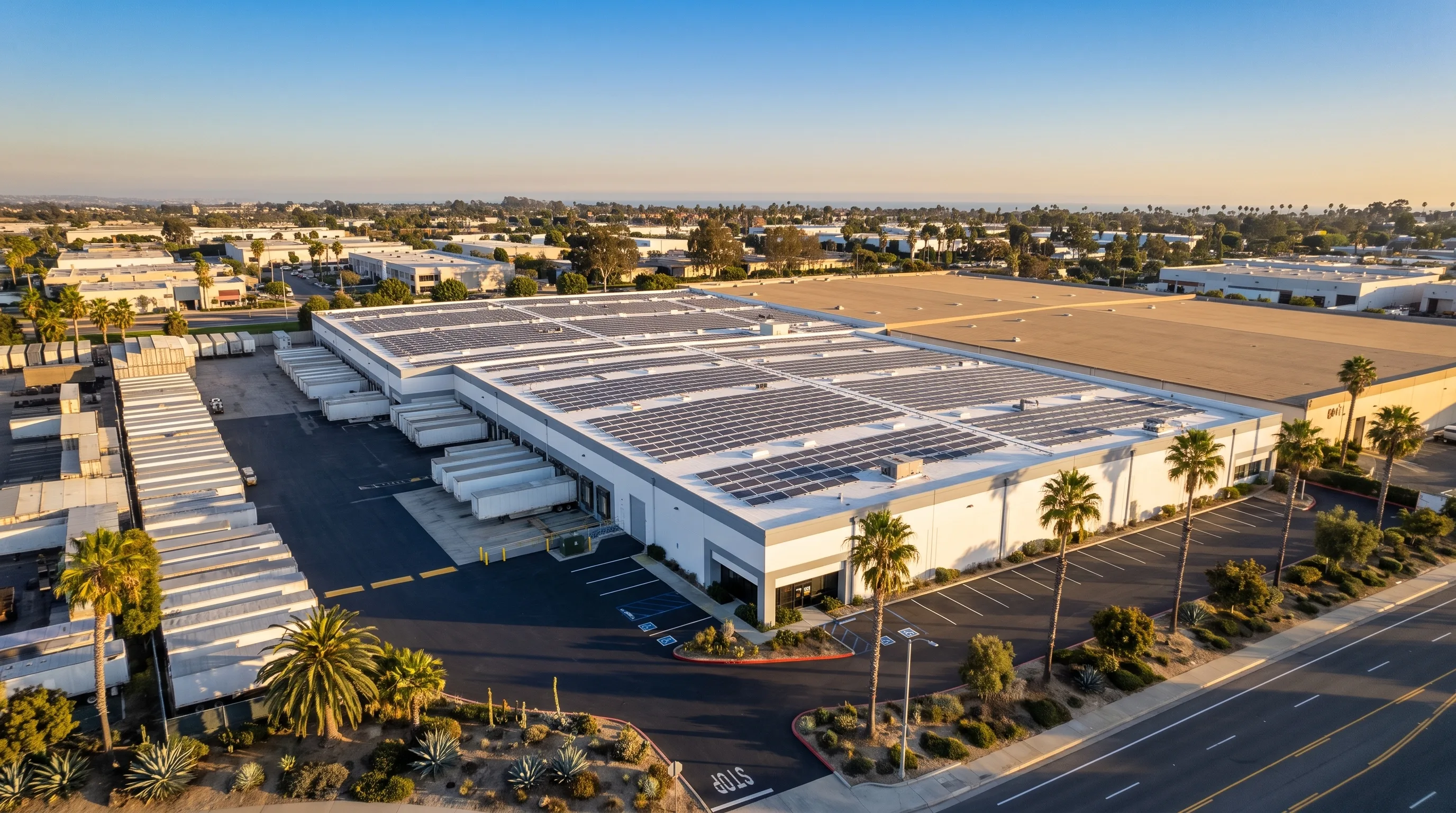 Aerial view of an industrial cold storage facility with a large rooftop solar array