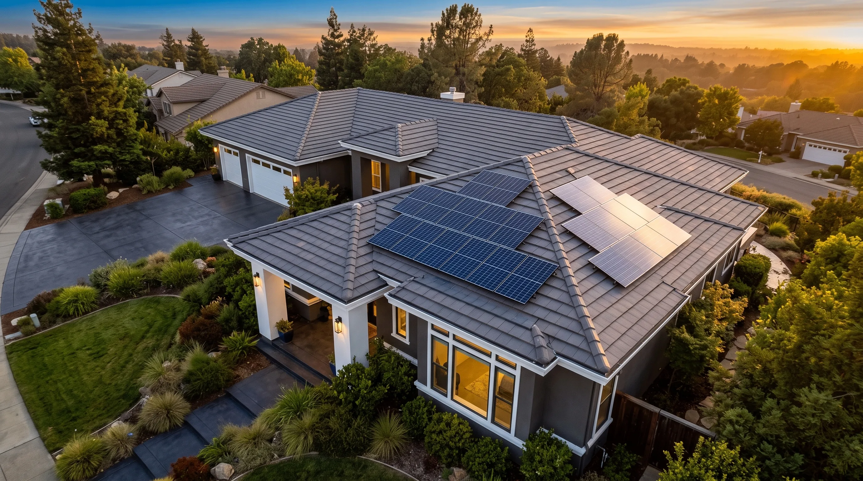 A single-family home with a rooftop solar array at sunset