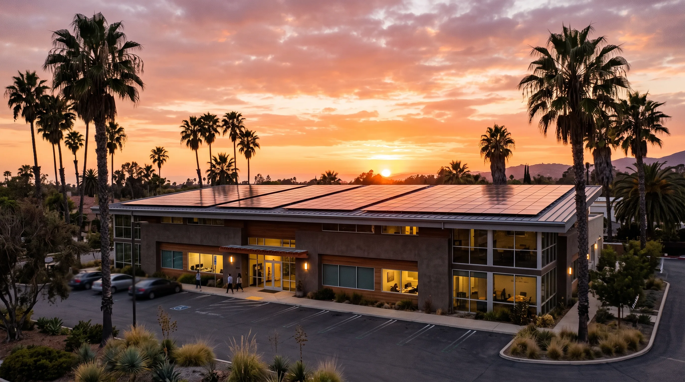 A solar installation on a commercial building surrounded by palm trees at sunset
