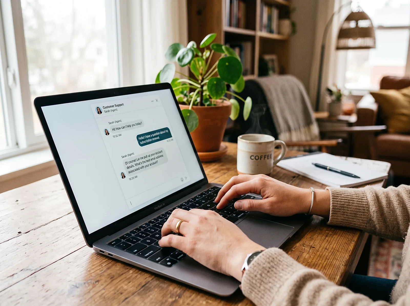 A person typing on a laptop showing a customer support chat conversation at home